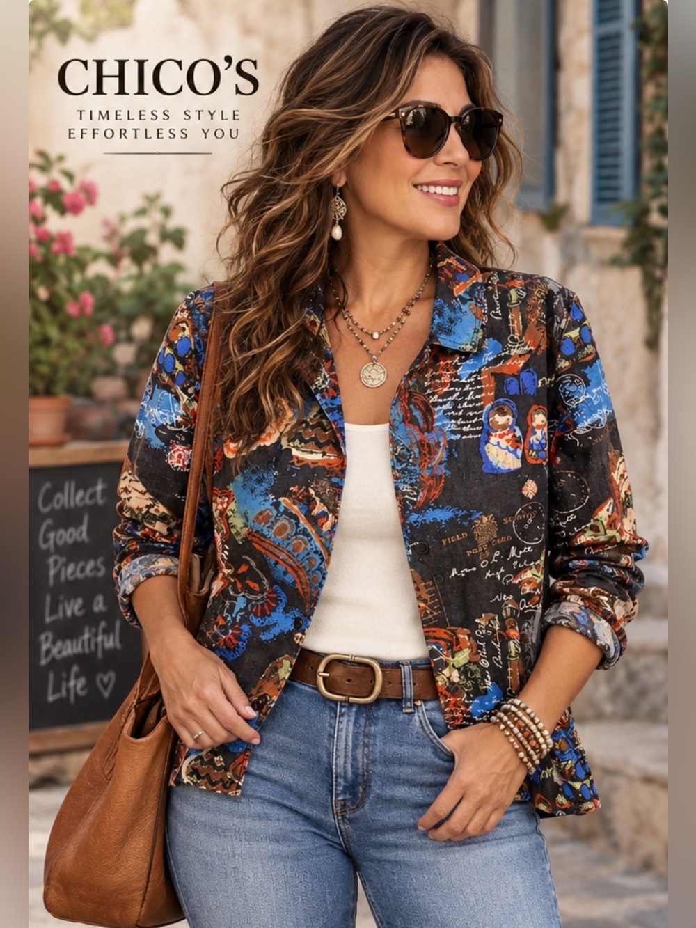Chico’s‎ Linen Blend Artistic Print Jacket Shirt Multicolor Collage Button Front
